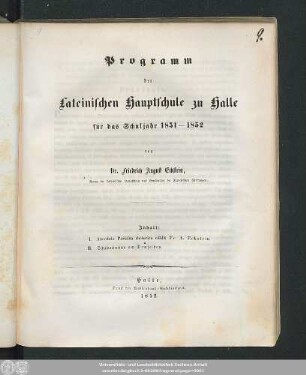 1852: Programm der Lateinischen Hauptschule in Halle : für d. Schuljahr ...
