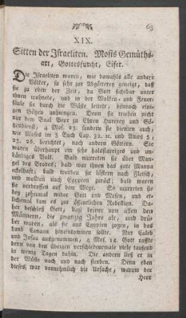 XIX. Sitten der Israeliten. Mosis Gemüthsart, Gottesfurcht, Eifer