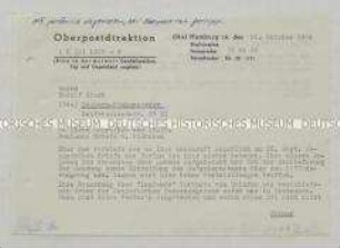 Maschinenschriftliches Schreiben der Oberpostdirektion Hamburg auf eine Beschwerde wegen nicht zugestellter Sendungen aus der DDR