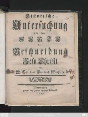 Historische Untersuchung von dem Feste der Beschneidung Jesu Christi