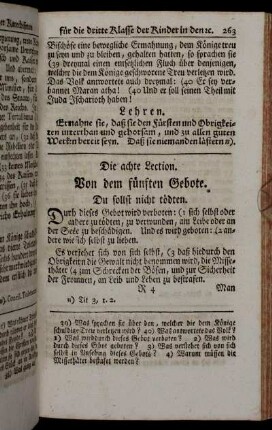 Die achte Lection. Von dem fünften Gebote. - Die vierzehnte Lection. Von den drey letzten Kirchengeboten.