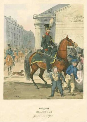 Berittener Gendarm in Uniform in einem Festumzug auf belebter Strasse, Uniformblätter nach der bayr. Armee von Dietrich Monten und Heinrich Ambros Eckert