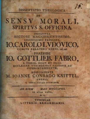 Diss. theol. de sensu morali, Spiritus S. officina