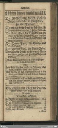 Die Abtheilung dieses Gebet-Büchleins bestehet in Fünff Classen oder Theilen