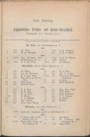 Zweite Abtheilung. Alphabetisches Straßen- und Häuser-Verzeichniß.