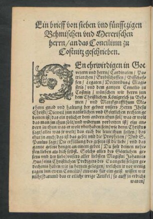 Ein brieff von sieben und fünfftzigen Behmischen und Mererischen herrn/ an das Concilium zu Costnitz gechrieben.