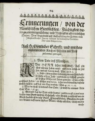 Erinnerungen/ von der Menschlichen Sterblichkeit/ Flüchtigkeit dieses gegenwärtigen Lebens/ und Nichtigkeit aller irrdischen Dingen [...]