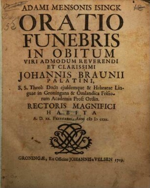 Oratio funebris in obitum Ioannis Braunii