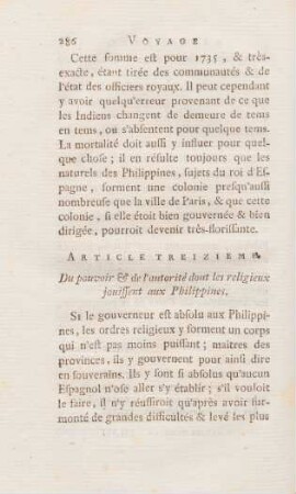Article treizieme. Du pouvoir & de l'autorité dont les religieux jouissent aux Philippines