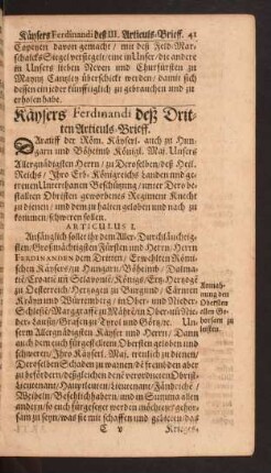 Kaysers Ferdinandi deß Dritten Articuls-Brieff.