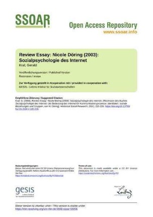 Review Essay: Nicole Döring (2003): Sozialpsychologie des Internet