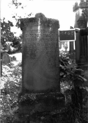 Grabstein 1168 (Index: 100104300) Material: Sandstein Zustand: leicht verwittert Maße HxBxT: 178x54x22 cm Beschreibung: Stele auf getrepptem Sockel, flachbogiger, seitlich auskragender Abschluss mit halbkreisförmiger Erhöhung in der Mitte (Blüte?) Symbolik: Blüte?: Grabstein 1168