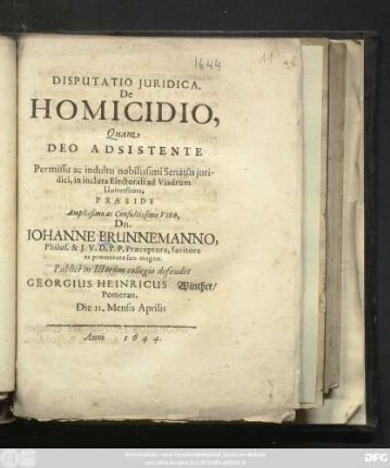 Disputatio Iuridica, De Homicidio