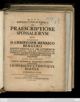 Dissertatio Ivridica De Praescriptione Sponsaliorvm
