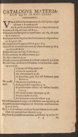 Catalogus Materiarum Quae In Hoc Opere continentur.
