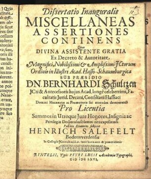 Dissertatio Inauguralis Miscellaneas Assertiones Continens