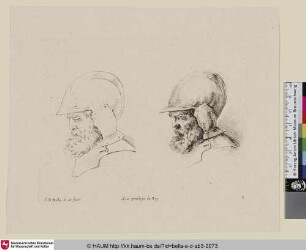 [Kopfstudie eines alten Soldaten mit Helm, ausgeführt und skizziert; ... tête d'un vieux soldat avec casque et barbe ... À gauche la même tête au trait; ... study of the head of a bearded soldier ... with the same head sketched to left]