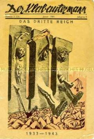 Propagandaschrift der Alliierten mit Karikaturen und Versen auf den Zusammenbruch NS-Deutschlands im Layout einer deutschen Karikaturzeitschrift