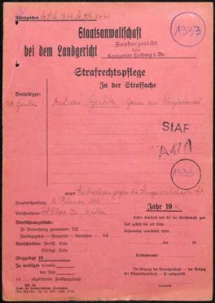 Angeklagter: Birkle, Andreas (Bauer); Oberglottertal *18.12.1897 in Oberglottertal; + ? Delikt: Verbrechen gegen die Kriegswirtschaftsverordnung Schwarzschlachtung Tatort: Oberglottertal Tatzeit: Frühjahr 1941-Juni 1942