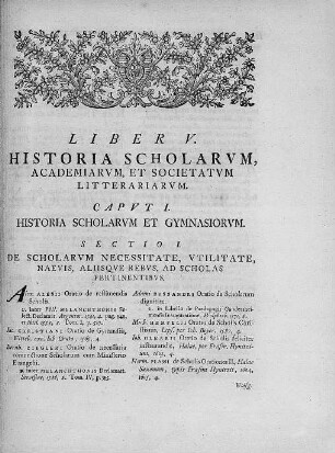 Pars II, Historiam litterariam exhibens. Liber V. Historia scholarum, academiarum, et societatum litterariarum. Seite 887 mit Holzschnitt-Kopfleiste