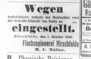 Hirschfelde. Mahlmühle, Anzeige deren Schließung betreffend, aus: Zittauer Nachrichten vom 5.10.1900