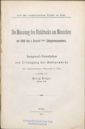 Die Messung des Blutdrucks am Menschen mit Hülfe des v. Basch'schen Sphygmomanometers
