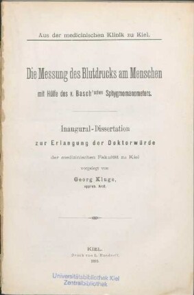 Die Messung des Blutdrucks am Menschen mit Hülfe des v. Basch'schen Sphygmomanometers