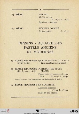 Dessins- Aquarells - Pastels anciens et modernes (Nr. 65-73)