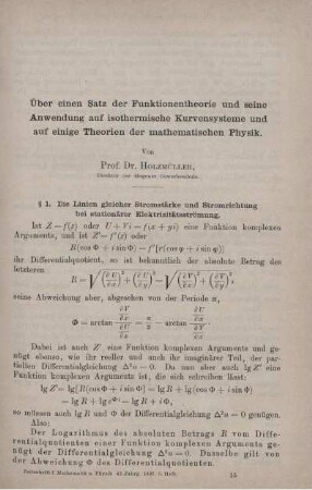 Über einen Satz der Funktionentheorie und seine Anwendung auf isothermische Kurvensystenie und auf einige Theorien der mathematischen Physik.