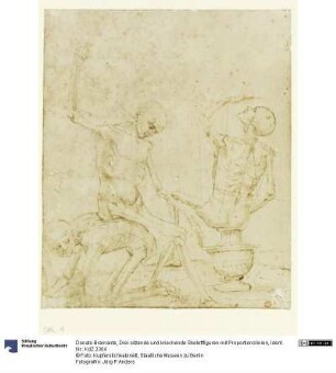 Drei sitzende und kriechende Skelettfiguren mit Proportionslinien
