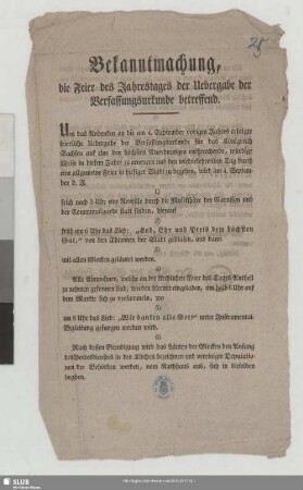 Bekanntmachung die Feier des Jahrestages der Uebergabe der Verfassungsurkunde betreffend