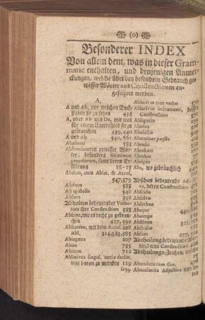 Besonderer Index Von allem dem, was in dieser Grammatic enthalten, und denjenigen Anmerckungen, welche über den besondern Gebracuh gewisser Wörter und Constructionen angeführet werden