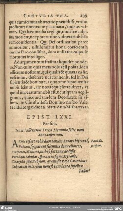 Epist. LXXI. Parisios. Ianus Passeratius Errico Memmio felix novi anni auspicium