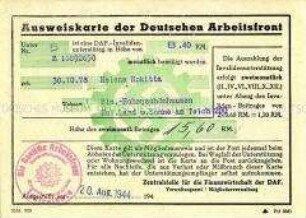 Berechtigungsausweis der Deutschen Arbeitsfront für den Bezug einer Invalidenunterstützung - Personenkonvolut