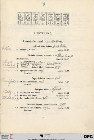 I. Abteilung. Gemälde und Kunstblätter (Nr. 1-232)