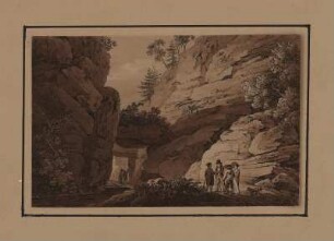 Ansicht des Tores im Uttewalder Grund, sepiagetönte Umrissradierung, um 1821 : Zingg, Adrian : Das Thor im Ottowalder Grund / [gefertigt von Adrian Zingg?]. - / [bei C. F. Sprinck]. - [S.l.] , [ca. 1821]. - 1 Kunstbl. : sepiagetönte Umrißradierung ; 15 x 10 cm