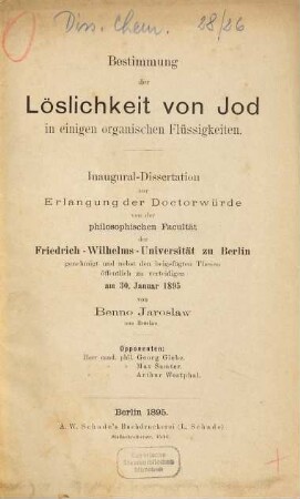 Bestimmung der Löslichkeit von Jod in einigen organischen Flüssigkeiten