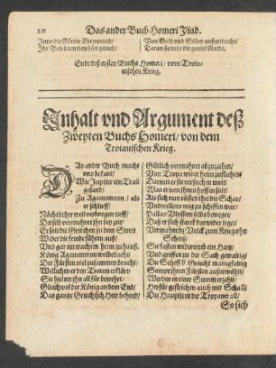 Inhalt und Argument deß Zweyten Buchs Homeri/ von dem Troianischen Krieg.