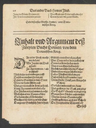 Inhalt und Argument deß Zweyten Buchs Homeri/ von dem Troianischen Krieg.