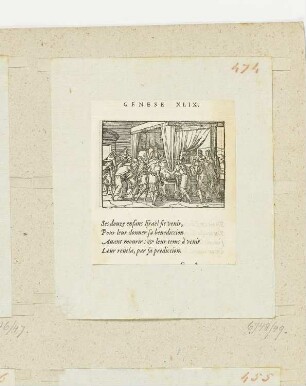 Jacob segnet seine Söhne, aus: Claude Paradin, "Quadrins historiques de la Bible", Lyon 1558