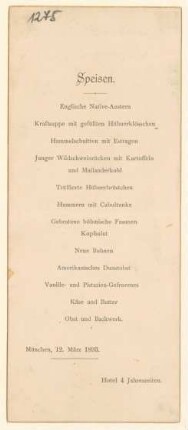 Menükarte : Speisen, Hotel 4 Jahreszeiten