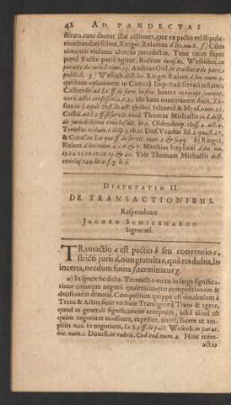 Disputatio II. De Transactionibus. Respondente Jacobo Schickhardo Sigenensi