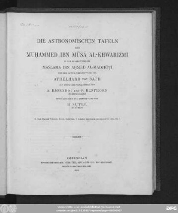 Die astronomischen Tafeln des Muhammed Ibn Mūsā al-Khwārizmī