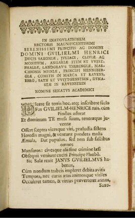 In Inaugurationem Rectoris Magnificentissumi Serenissimi Principis ac Domini Domini Duiliemi Henrici ...