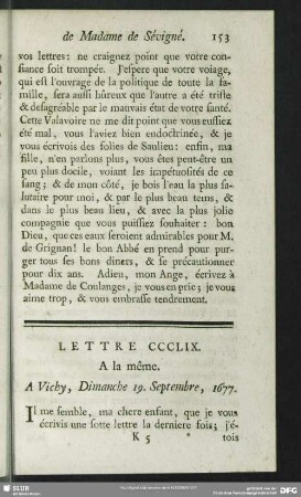 Lettre CCCLIX. A la même. A Vichy, Dimanche 19. Septembre, 1677