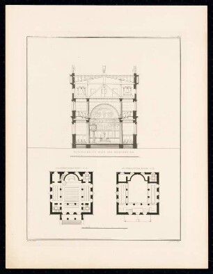 Kirche mit quadratischem Grundriss: Querschnitt, Grundrisse (aus: Sammlung Architektonischer Entwürfe, Berlin 1858)