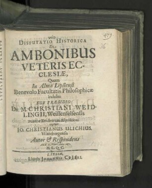 Disputatio Historica De Ambonibus Veteris Ecclesiæ
