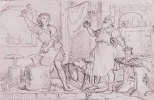 Siegfried in der Schmiede, Richter, A. L., Zeichnung, 1838
