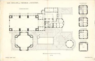 Hocheder, Karl; München; Müller´sches Volksbad - Grundriss 2. OG; Turmgeschoss u. Wohnung des Hausmeisters (Grundriss 3. OG); Turmgeschoss u. Wohnung des Maschinisten (Grundriss 4. OG); Turmgeschoss (Grundriss 5. OG, Grundriss 6. OG)