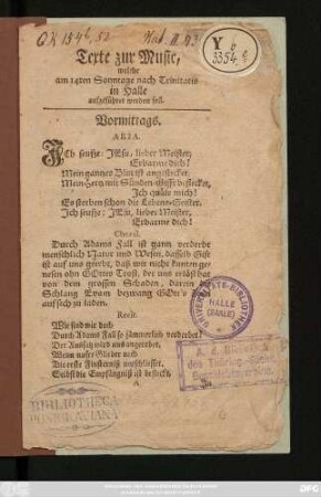 Texte zur Music, welche am 14ten Sonntage nach Trinitatis in Halle aufgeführet werden soll